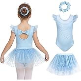 Girls Ballet Leotards 3 Pcs Set Ruffle Sleeve Dance Dress with Removable Tutu & Scrunchy Bow Back Combo