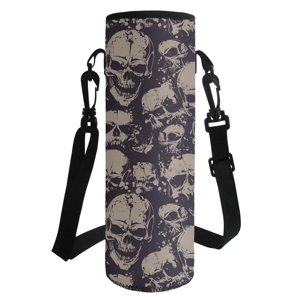 HUGS IDEA Skull Print Insulated Water Drink Bottle Cover, Portable Bottle Pouch Case with Adjustable Shoulder Strap