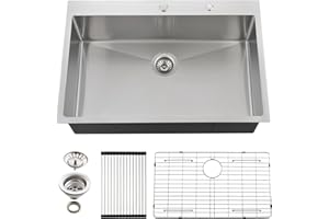 EcoChannels Drop In Kitchen Sink, 33 x 22 x 10 Inch 16 Gauge Single Bowl Topmount Sink T-304 Stainless Steel Large Kitchen Sinks with Accessories