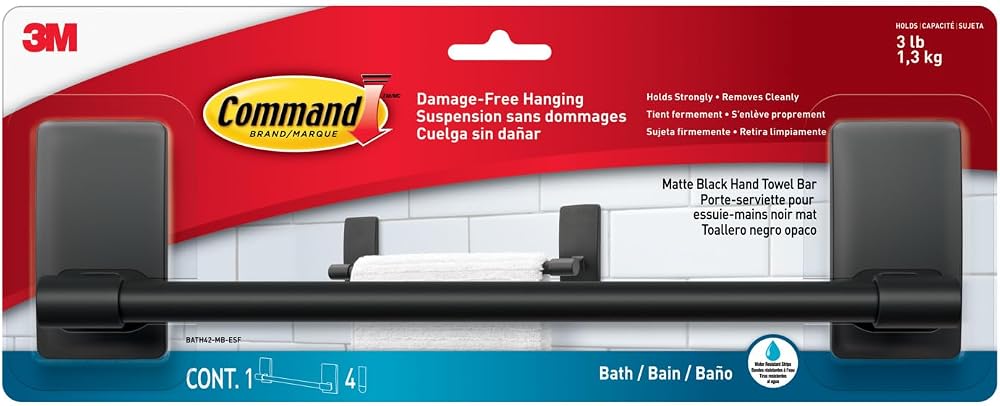 Command Bath Hand Towel Bar Matte Black 1 Bar 4 Water-Resistant Strips 1.3 kg