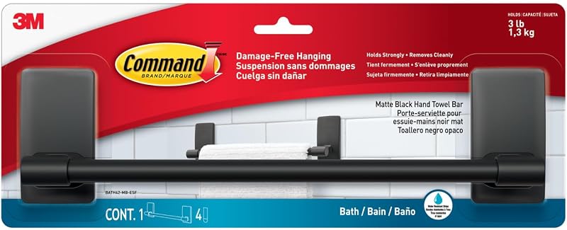 Command Bath Hand Towel Bar Matte Black 1 Bar 4 Water-Resistant Strips 1.3 kg
