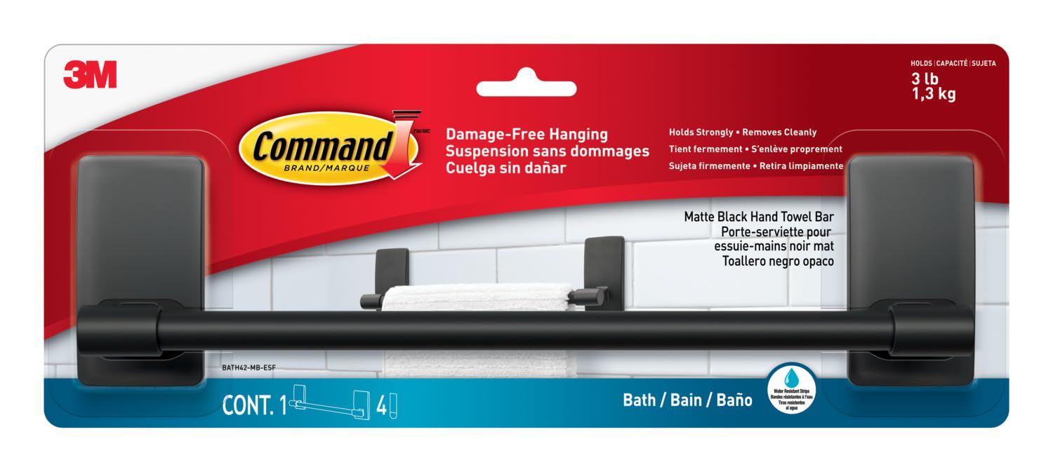 Command Bath Hand Towel Bar, Matte Black - 1 Towel Bar + 4 Water-Resistant Strips – Damage Free Hanging for Towels - Holds up to 1.3 kg
