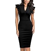 Knitee Women's Vintage Ruffle Sleeve V-Neck Bodycon Evening Party Cocktail Pencil Sheath Dress