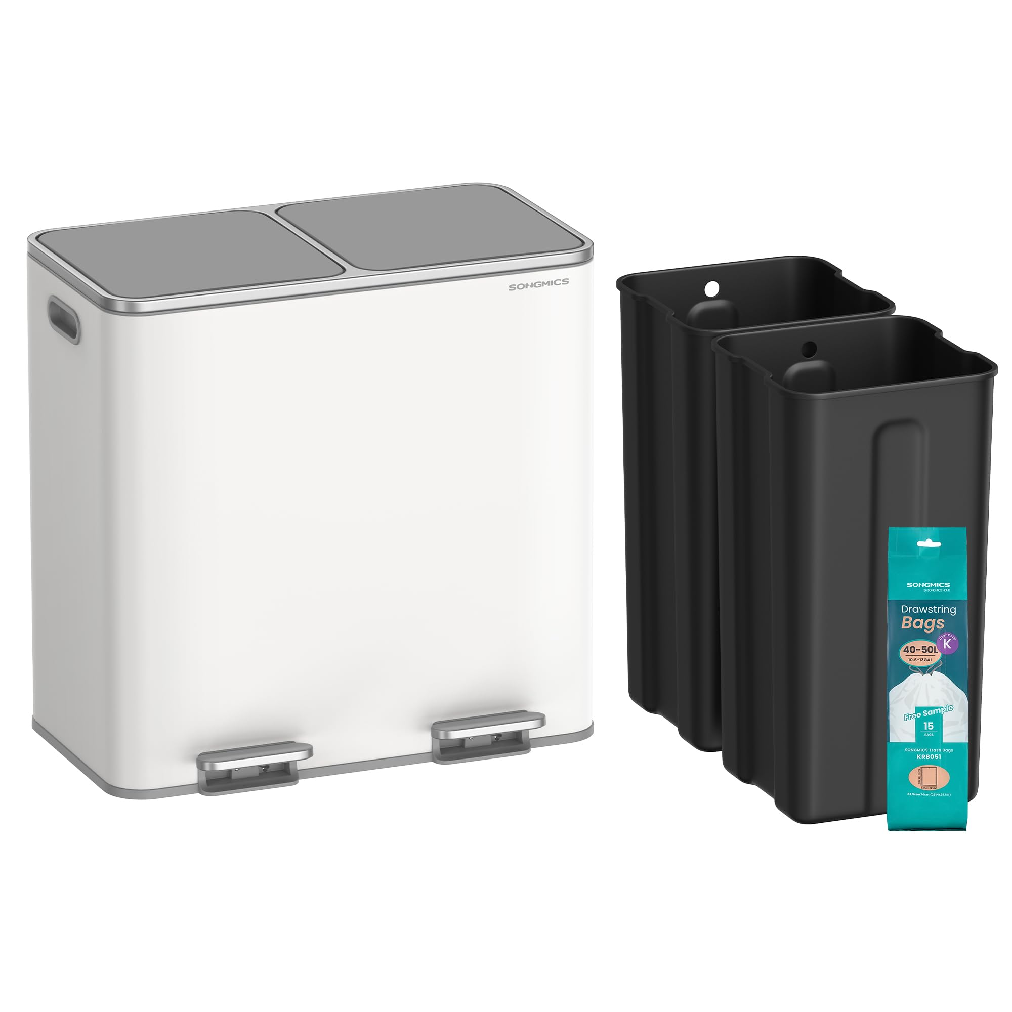 Photo 1 of ***FOR PARTS/ DAMAGED*** SONGMICS Trash Can, 2 x 10.6 Gallon (2 x 40 L) Garbage Can for Kitchen, with 15 Trash Bags, 2 Compartments, Plastic Inner Buckets and Hinged Lids, Airtight, White and Gray ULTB730W80