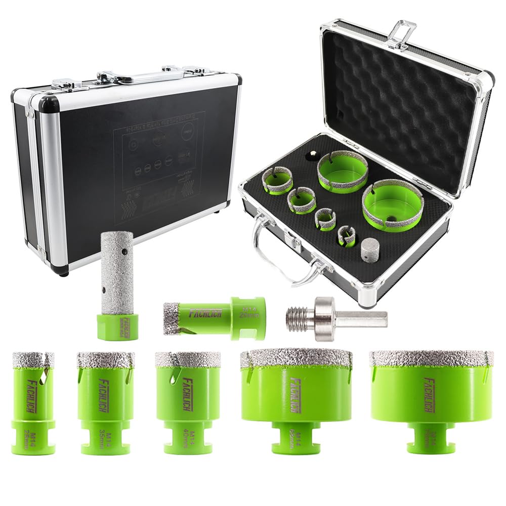 FACHLICH Diamond Core Drill Bits Kit 8pcs 20/25/35/40/68/75mm with 20mm Diamond Finger Bit Vacuum Brazed M14 Connection for Tile Porcelain Granite Marble