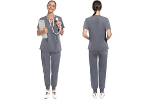 UnionMed Tech Scrubs for Women Set, Stretchy Slim Fit V-Neck Top & Jogger Scrub Pants with Multi Pocket Yoga Waistband