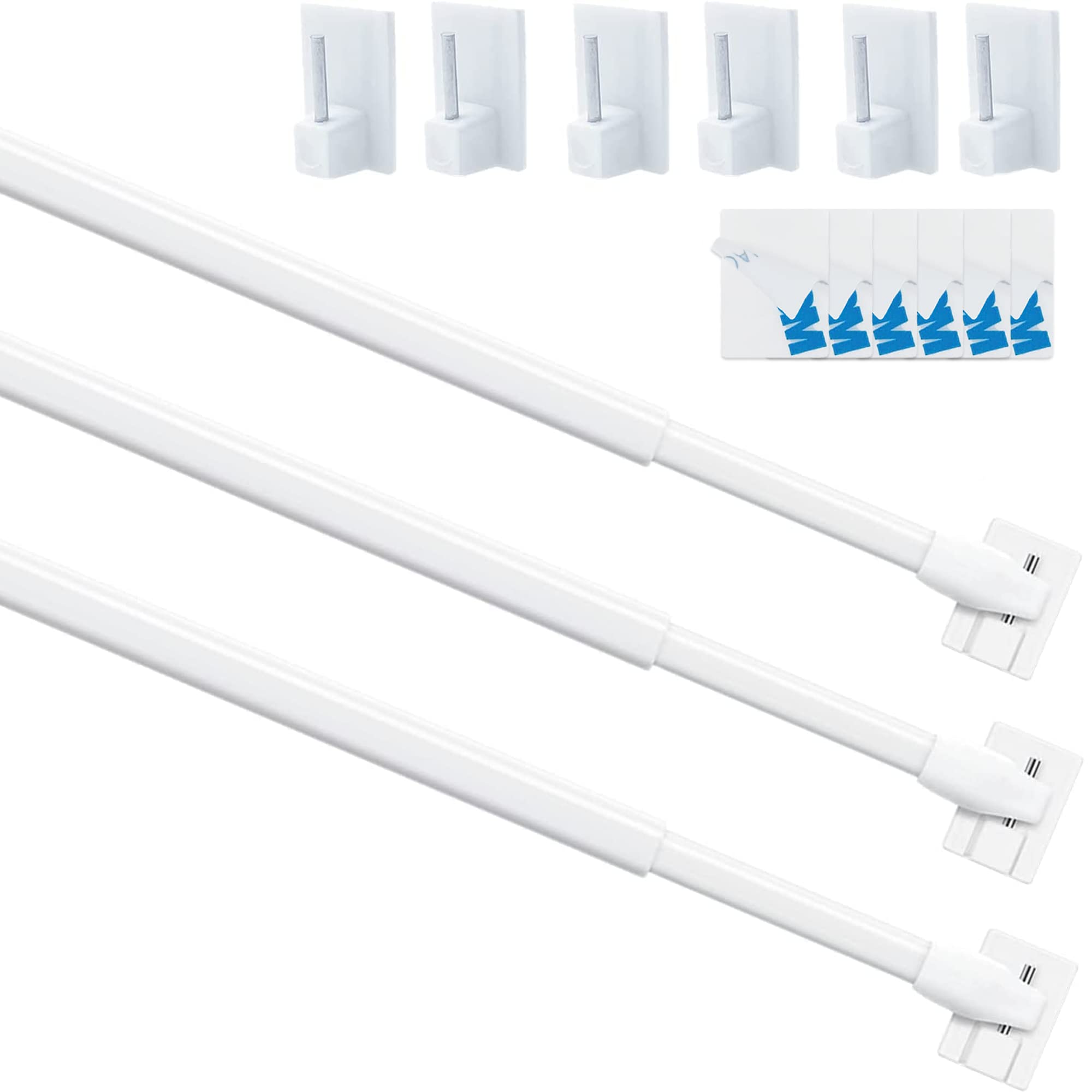 3Pcs Net Curtain Rods Extendable Curtain Rod with 9Pcs Plastic Sticky End Window Hook for Home Bathroom、Windows(82-130CM/33-51Inch,White)