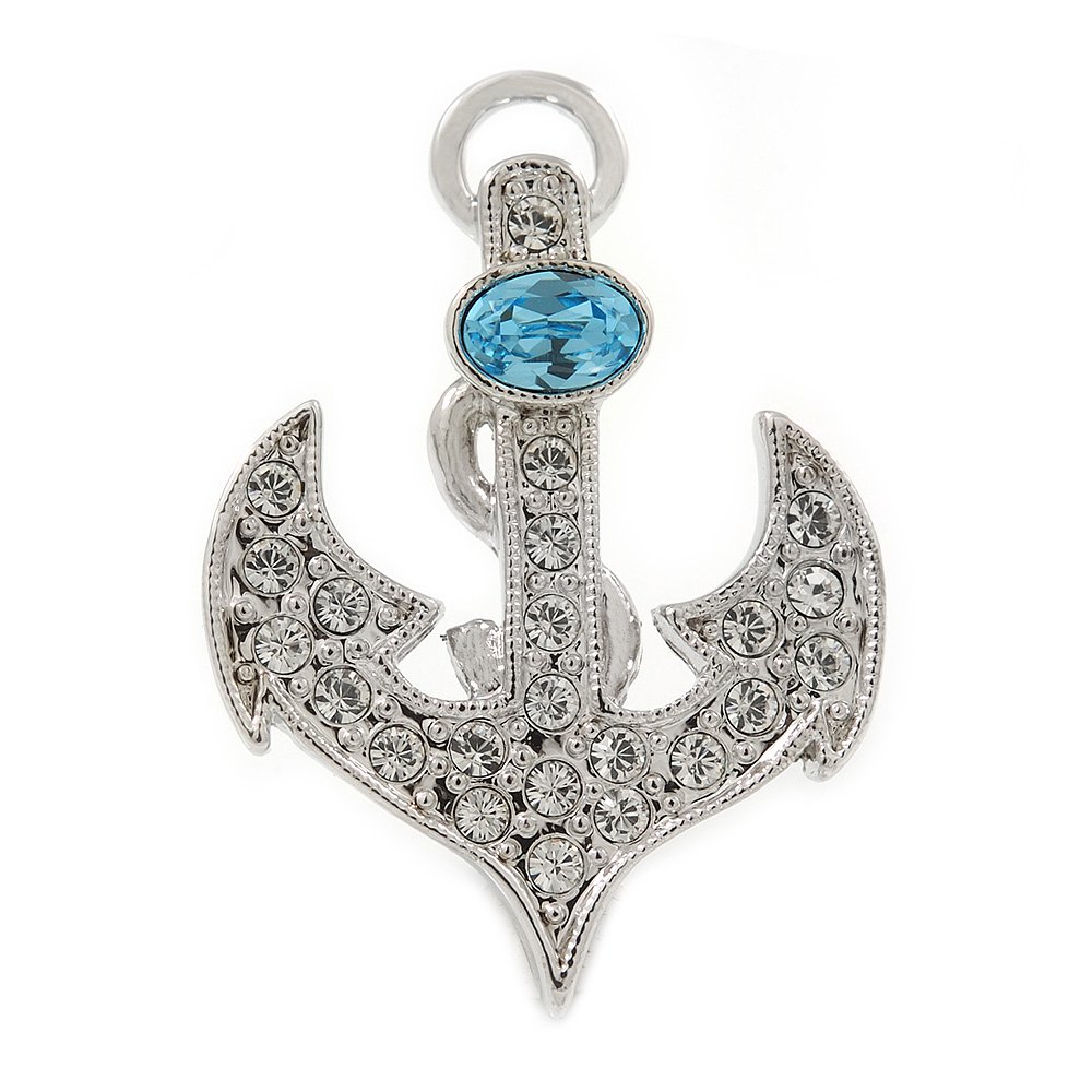Rhodium Plated Clear Crystal Light Blue CZ Anchor Brooch - 32mm L