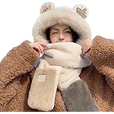 Winter Women Girls 3-in-1 Cute Faux Fur Cartoon Thermal Bear Animal Ears Hooded Hat with Scarf Pocket Mittens