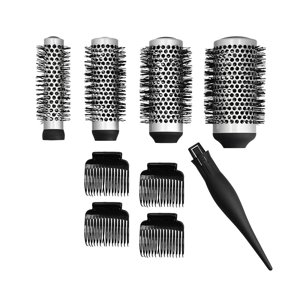 T4B LUSSONI 4-Piece Professional Anti-Static Styling Brush Set, Ergonomic Handle with 4 Interchangeable Brush Heads, 4 Clips, Flexible Material, Black