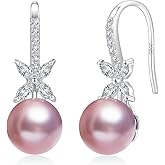 BAMIKI Pearl Drop Earrings for Women - 925 Sterling Silver 18k Gold Plated Hypoallergenic Pinkish-Purple Freshwater Cultured Pearls Ear Hook Earrings with Cubic Zirconia Jewelry Gifts for Mother Wife