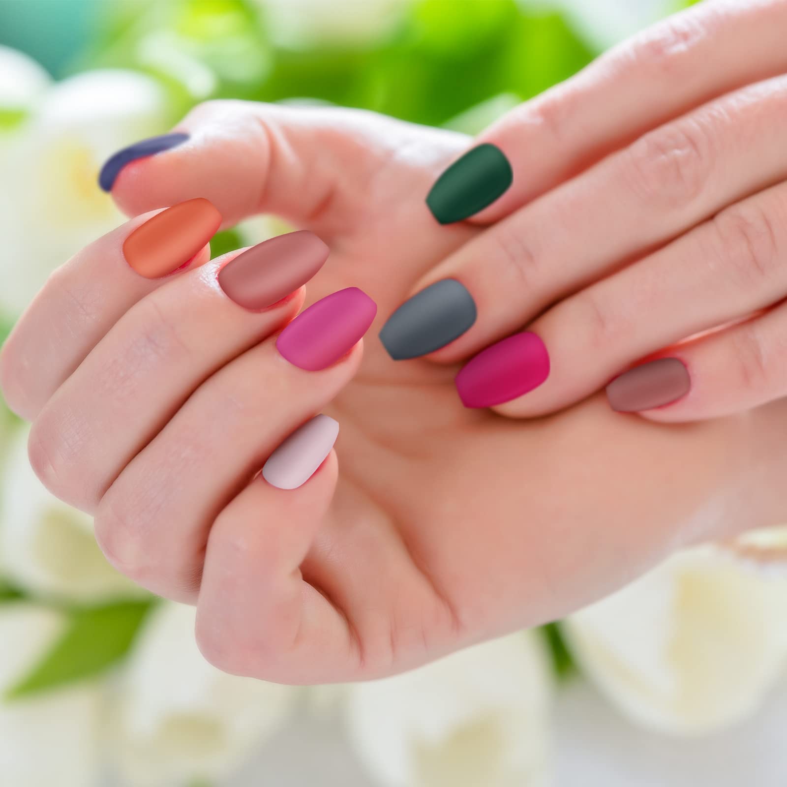 editTime 12 sets/288pcs Solid Colors Matte Acrylic Ballerina Coffin False Nails Full Cover Fake Nails Tips Natural Medium False Nail with a Crystal Nail File (Matte Ballerina) - Image 3