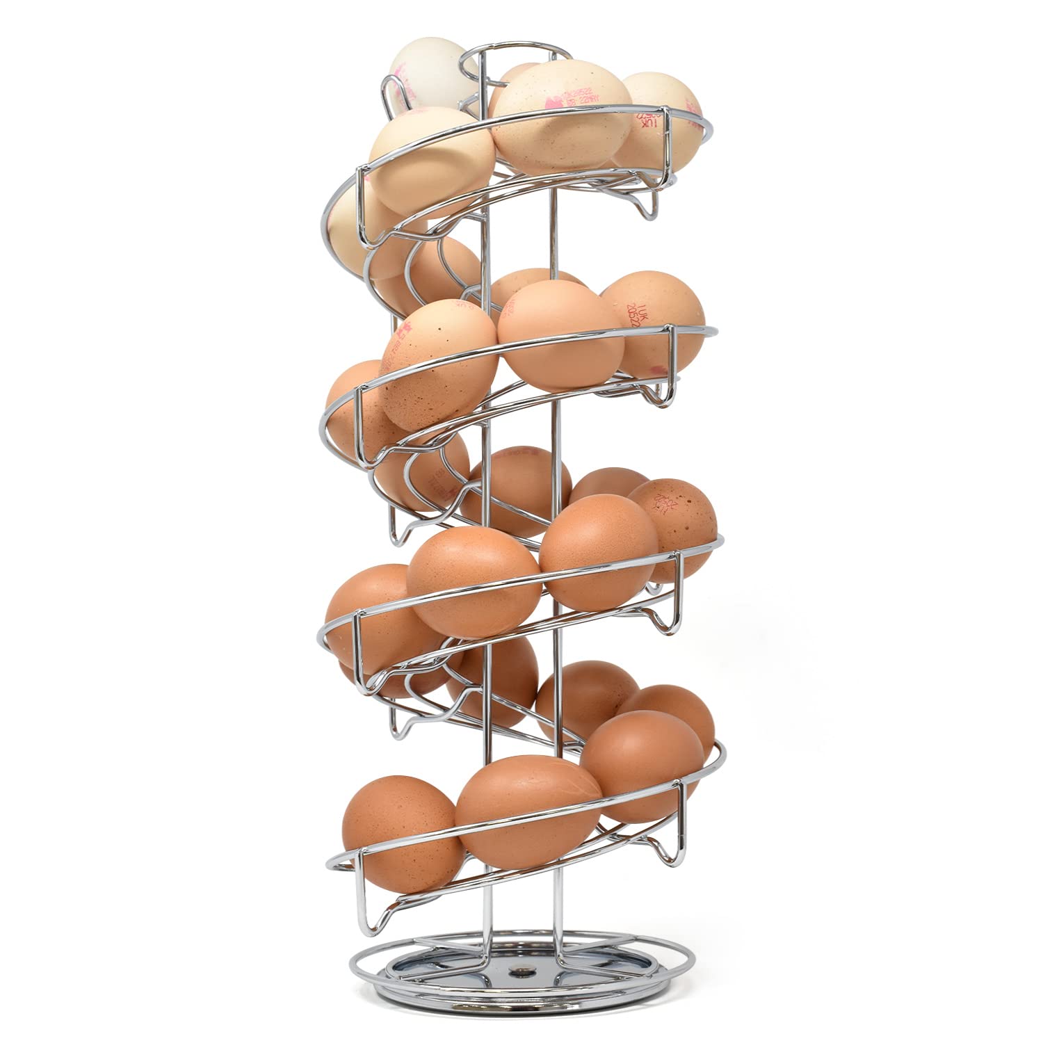 joeji's Kitchen Rotating Egg Holder Storage Rack with Non-Slip Base - Spiral Space Saving Egg Skelter Basket - Holds nearly 3 Dozen Eggs - Chrome