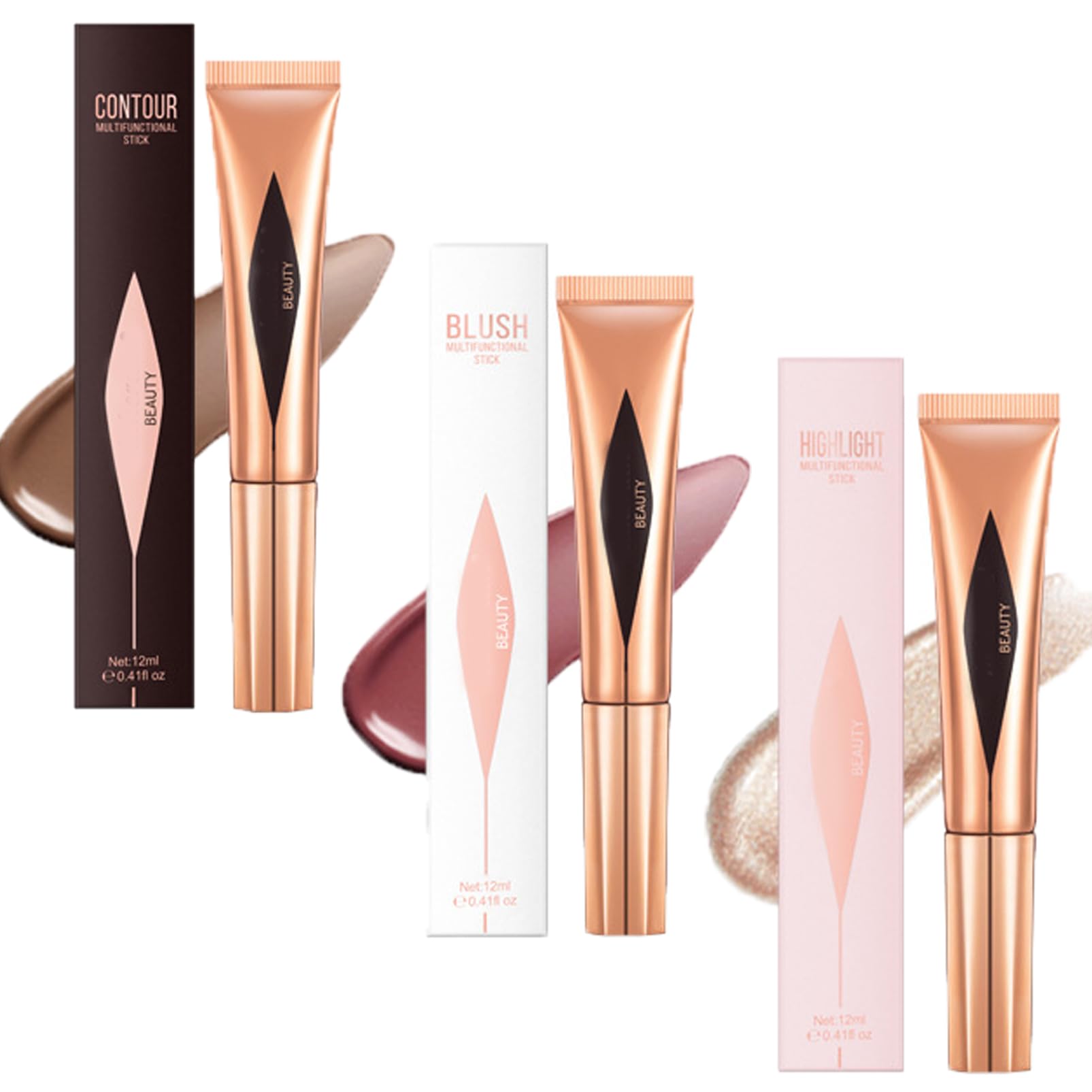 3PCS Blush & Contour & Highlighter - Liquid Contour Stick & Face Highlighter - Long Lasting & Waterproof Blushers for Cheeks Make Up - Liquid Bronzer for Face-(02+03+05)