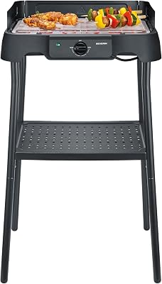 Elektrogrill mit Standfuß, einstellbare Temperatur 35-200 Grad Celsius, schnelles Aufheizen, 38x22cm, Tischgrill mit Auffangschale, Edelstahl-Grillrost, Balkongrill, 2000W, schwarz, PG 8594