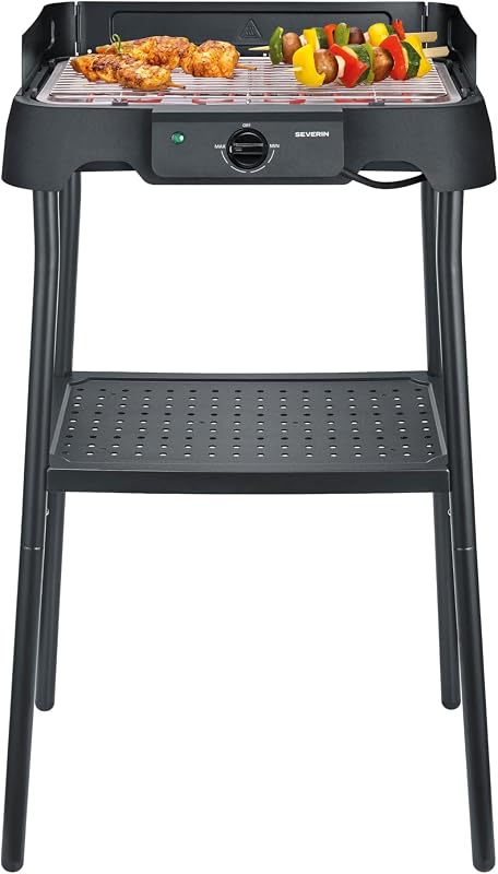Elektrogrill mit Standfuß, einstellbare Temperatur 35-200 Grad Celsius, schnelles Aufheizen, 38x22cm, Tischgrill mit Auffangschale, Edelstahl-Grillrost, Balkongrill, 2000W, schwarz, PG 8594