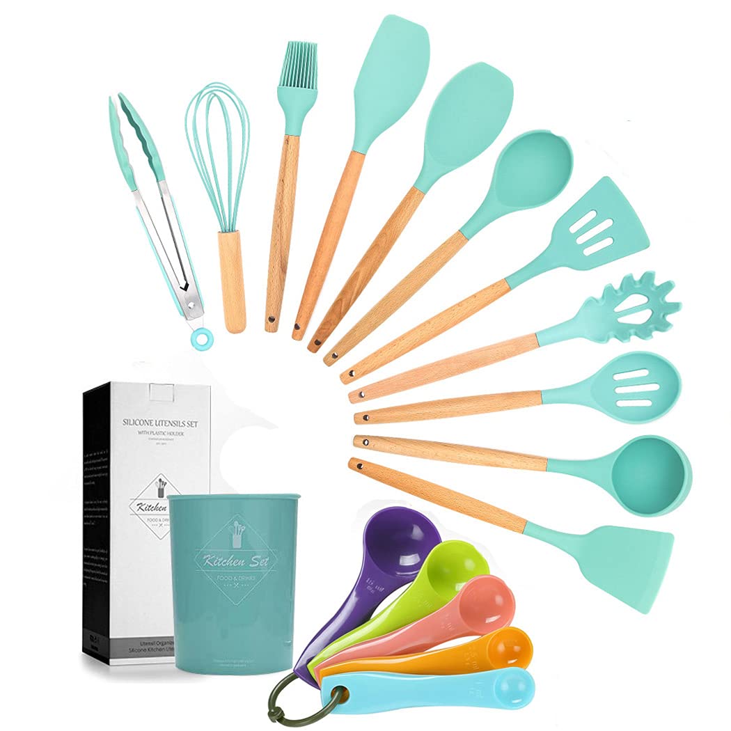 SIPLIV 17PCS Silicone Utensils Set with Wooden Handle Heat Resistant Cookware Utensils Kit Easy To Clean Kitchenware Kitchen Tools for Non-Stick Cookware - Drak Green