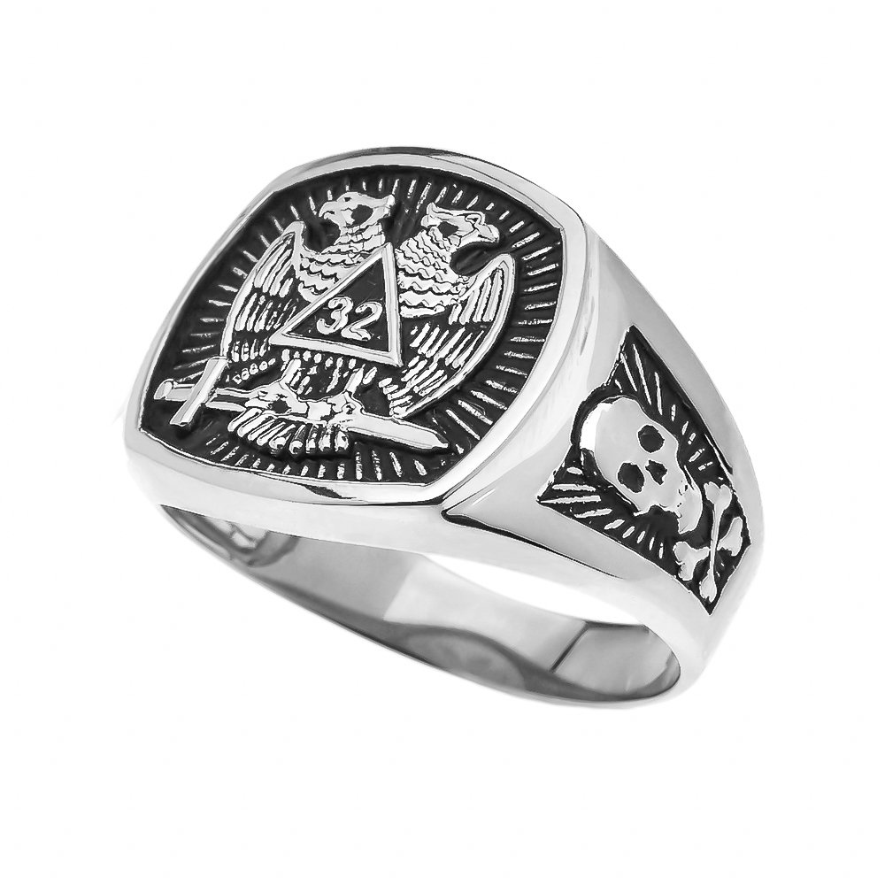 Men's Sterling Silver Scottish Rite 32nd Degree Skull and Crossbones Masonic Ring