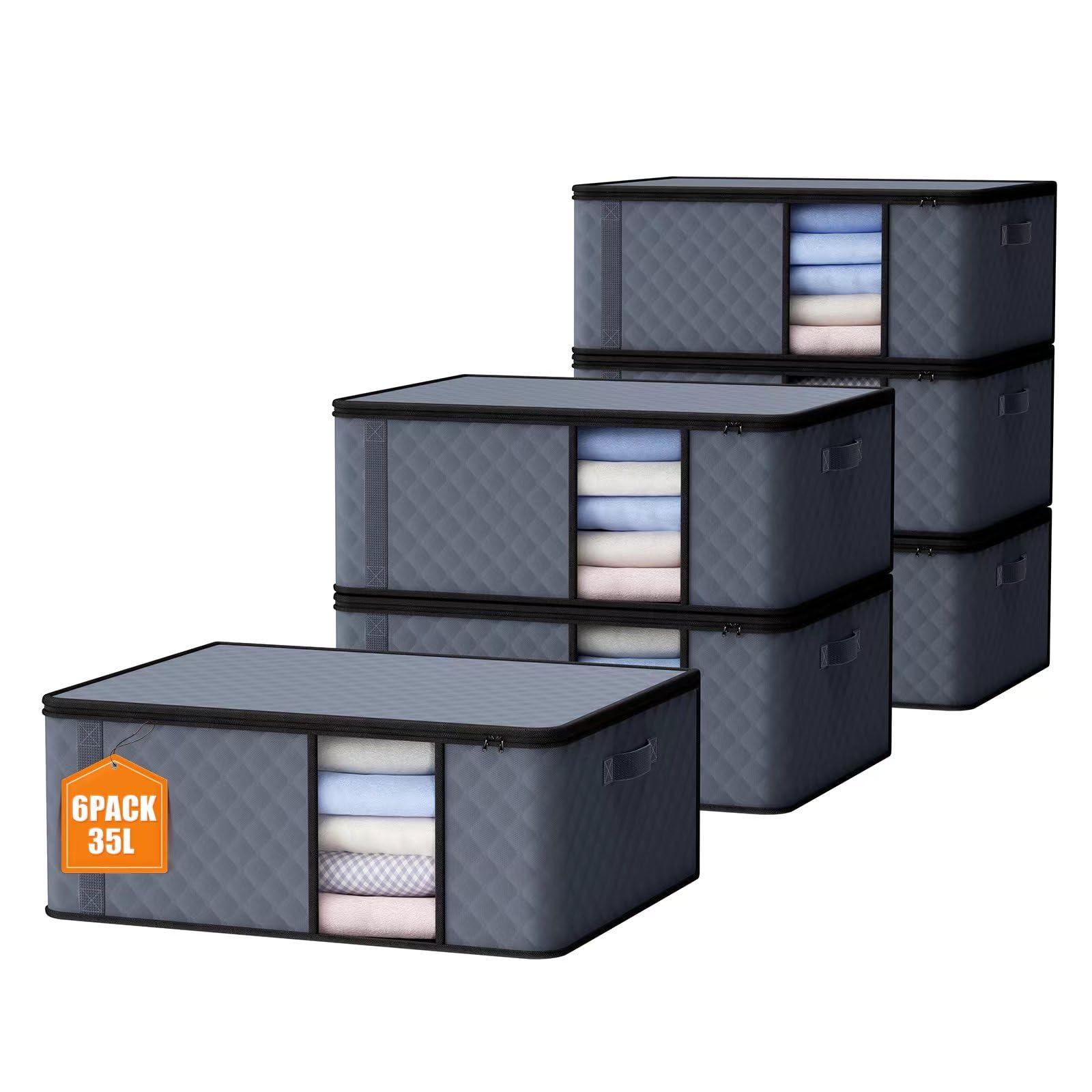 Auveir Pack of 6 35L Foldable Storage Boxes with Lid for Large Clothes, Duvets, Blankets, Underbed, Wardrobe