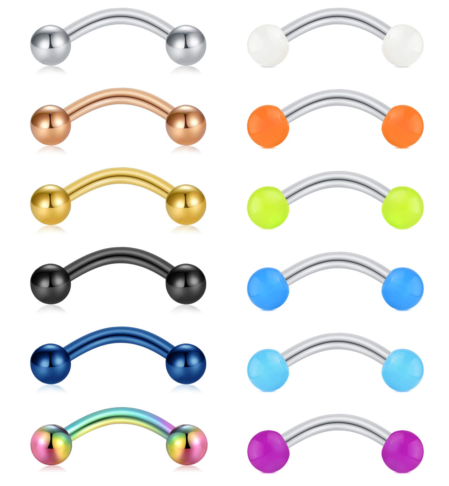 Briana Williams 12pcs Eyebrow Nose Lip Tragus Helix Daith Rook Piercing Bars 8mm 16G Stainless Steel Curved Barbell Banana