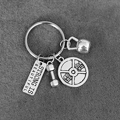 Strong is beautiful Keychains With weight plate, kettlebell, dumbbell charms. workout keychains. Fitness keychains. Motivational Exercise. Weight lifting keychains. Gym. Gift for Him. Trainer Gift