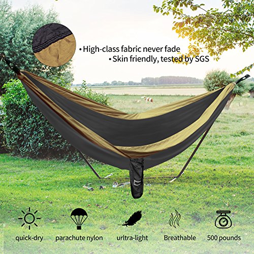 HODGSON Camping Hammock Single & Double Hammock with Heavy Duty 14 Loops Hammock Tree Straps & Air Pillow, Portable Parachute Nylon Hammock for Backpacking, Travel, 118â€ x 78â€ (Khaki)