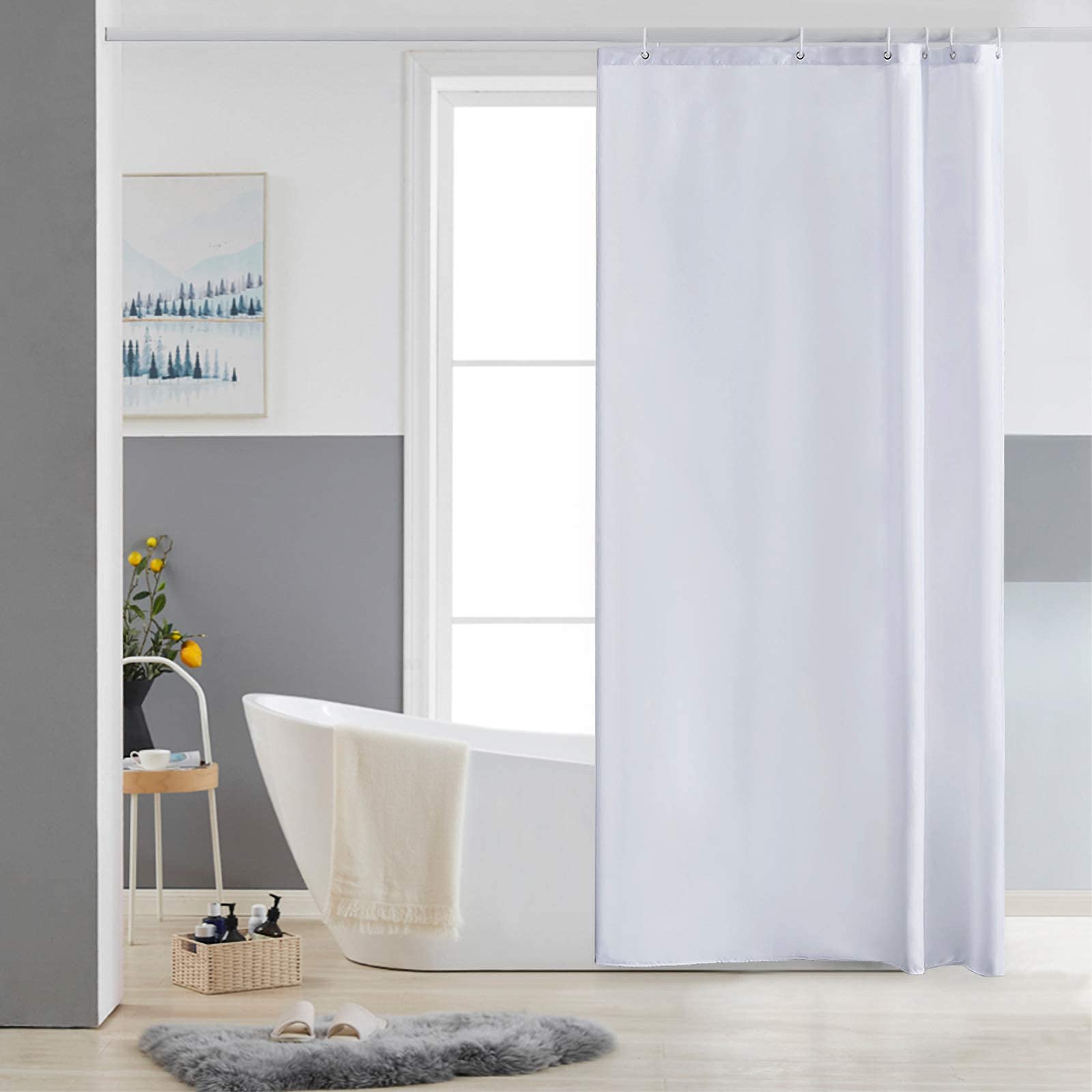 Furlinic Shower Curtain White Anti Mould Resistant Waterproof Bathroom Curtains Washable Polyester Fabric 90x180cm with Weight Tape for Bath Wet Room 35x72 Inch.