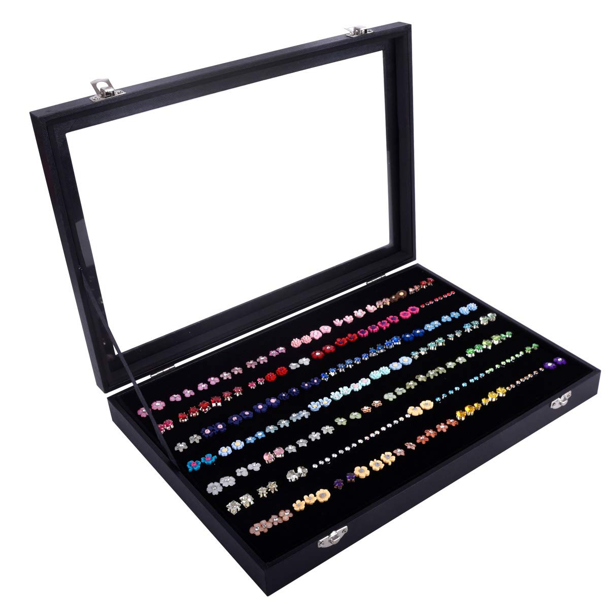 AUTOARK Black Velvet Clear Lid 7 Slots Jewelry Rings Earrings Tray Showcase Display Organizer,AJU-084