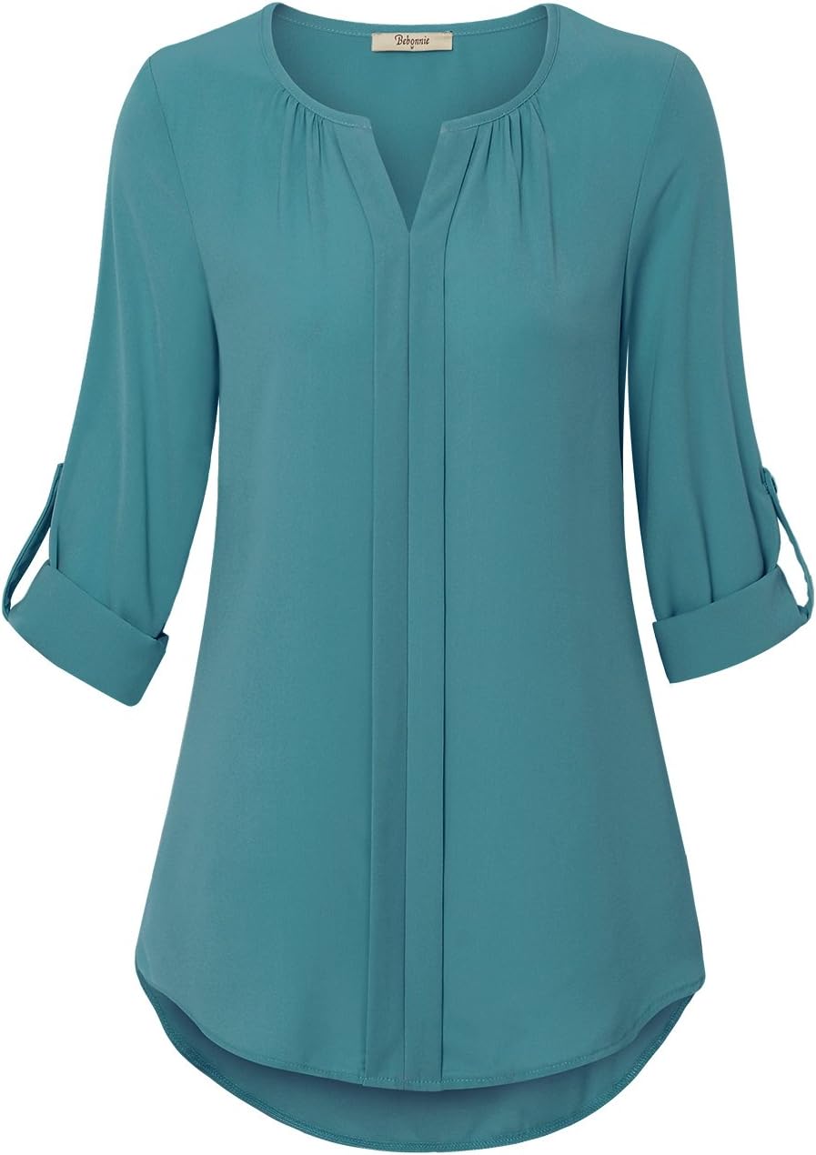 Bebonnie Ladies Chiffon Shirts, Women's Casual Chiffon Blouse V-Neck Cuffed Sleeve Tunic Tops Pullover Dark Cyan L