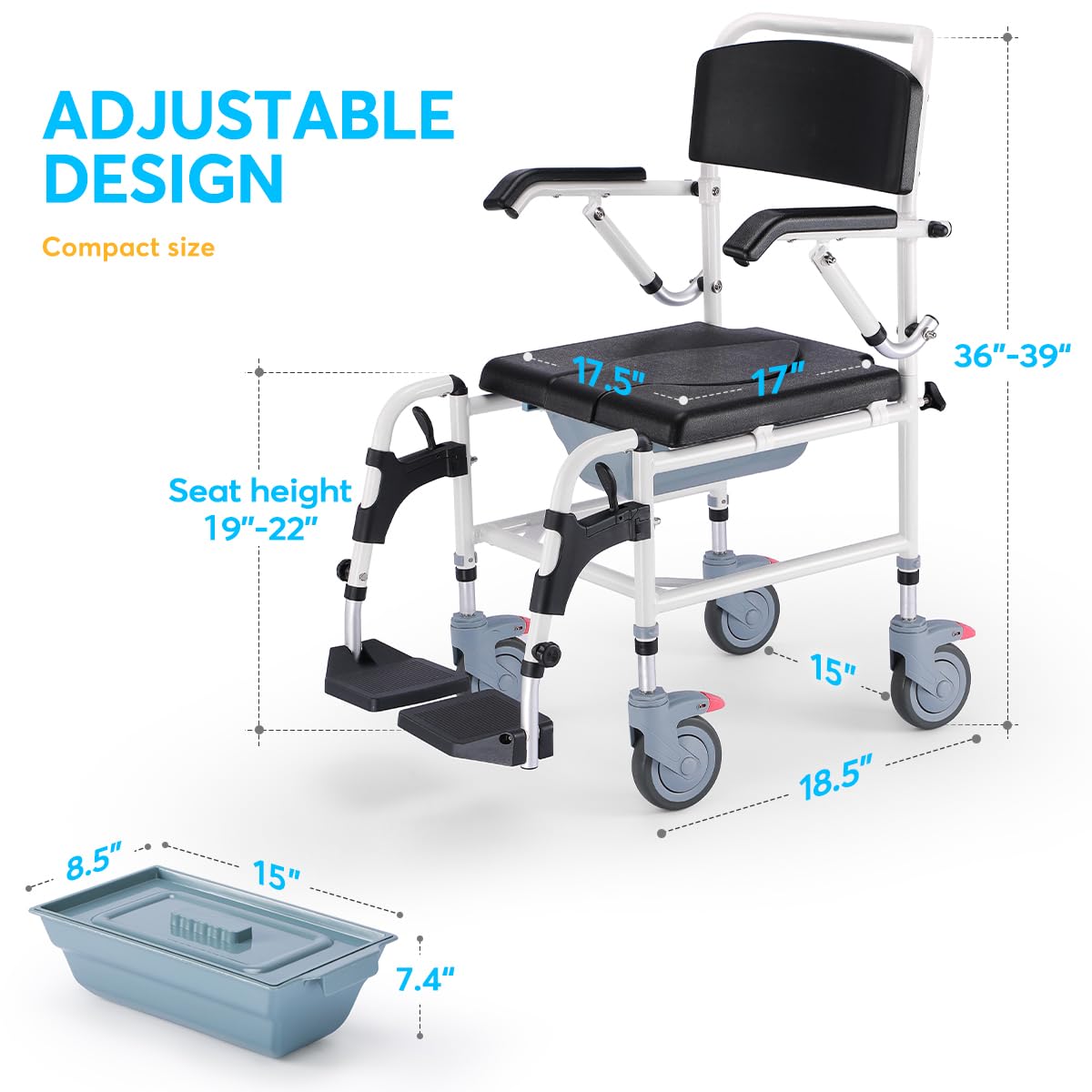 OasisSpace Shower Commode Wheelchair - 300LB Waterproof Shower Chair with Wheels, Rolling Shower Chair with Swing Away Footrests and Flip Back Arms for Elderly Adults Diasbled (FSA or HSA Eligible)