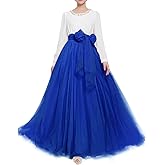 Women Wedding Long Maxi Puffy Tulle Skirt Floor Length A Line with Bowknot Belt High Waisted for Wedding Party Evening