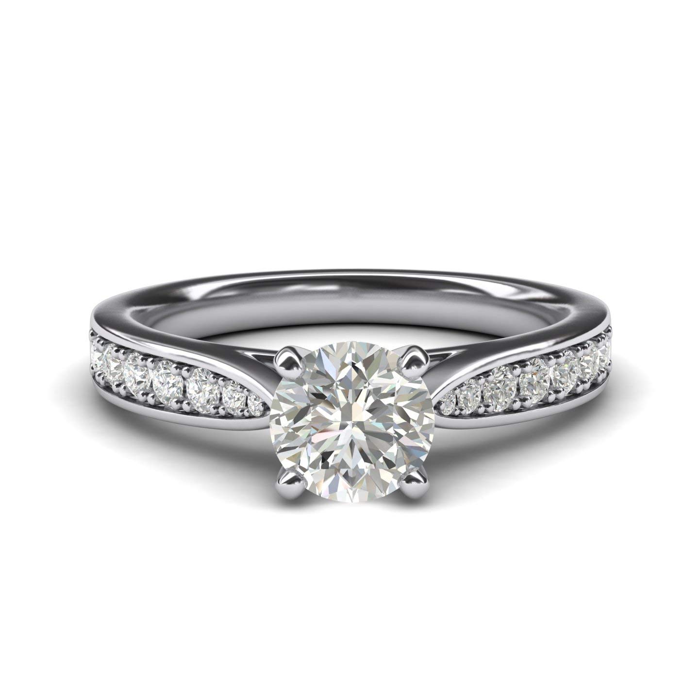 Women's Sterling Silver 1CT Classic 4-Prong Simulated Round Cut Diamond Engagement Ring With Graduated Side Stones (Q)