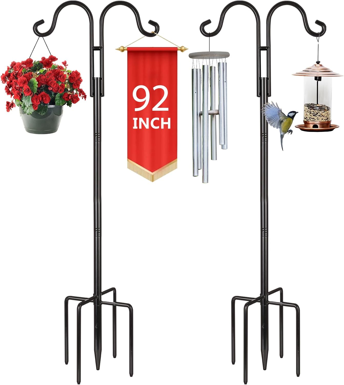 Outdoor Shepherd's Hooks - oathx Tall Double Shepherds Hook for Outdoor, 2 Pack 92 inch Bird Feeder Pole for Outside with 5 Base Prongs, Garden Hooks for Bird Feeder, Solar Light, Plant Hanger, Wedding Decor