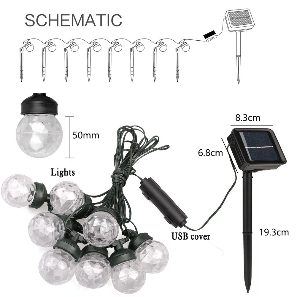 Acrato - Ghirlanda luminosa LED, proiettore a energia solare USB, 7 m, 8 luci LED, da esterno, impermeabile, con pannello solare, per la decorazione di finestra, camera, giardino, Natale, feste, compleanni, multicolore