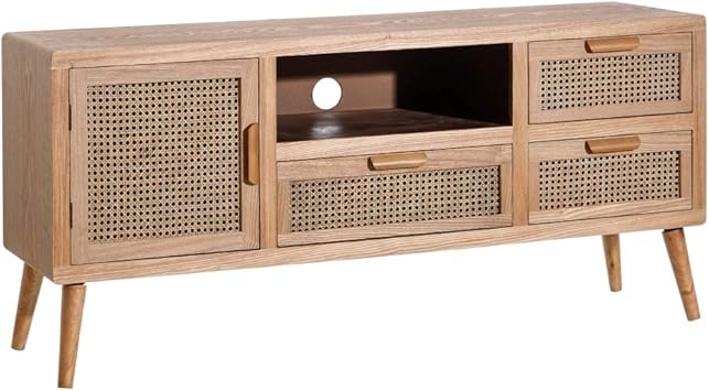 Mueble TV Vintage de DM y rattán Natural con Rejilla de 66x40x145 cm