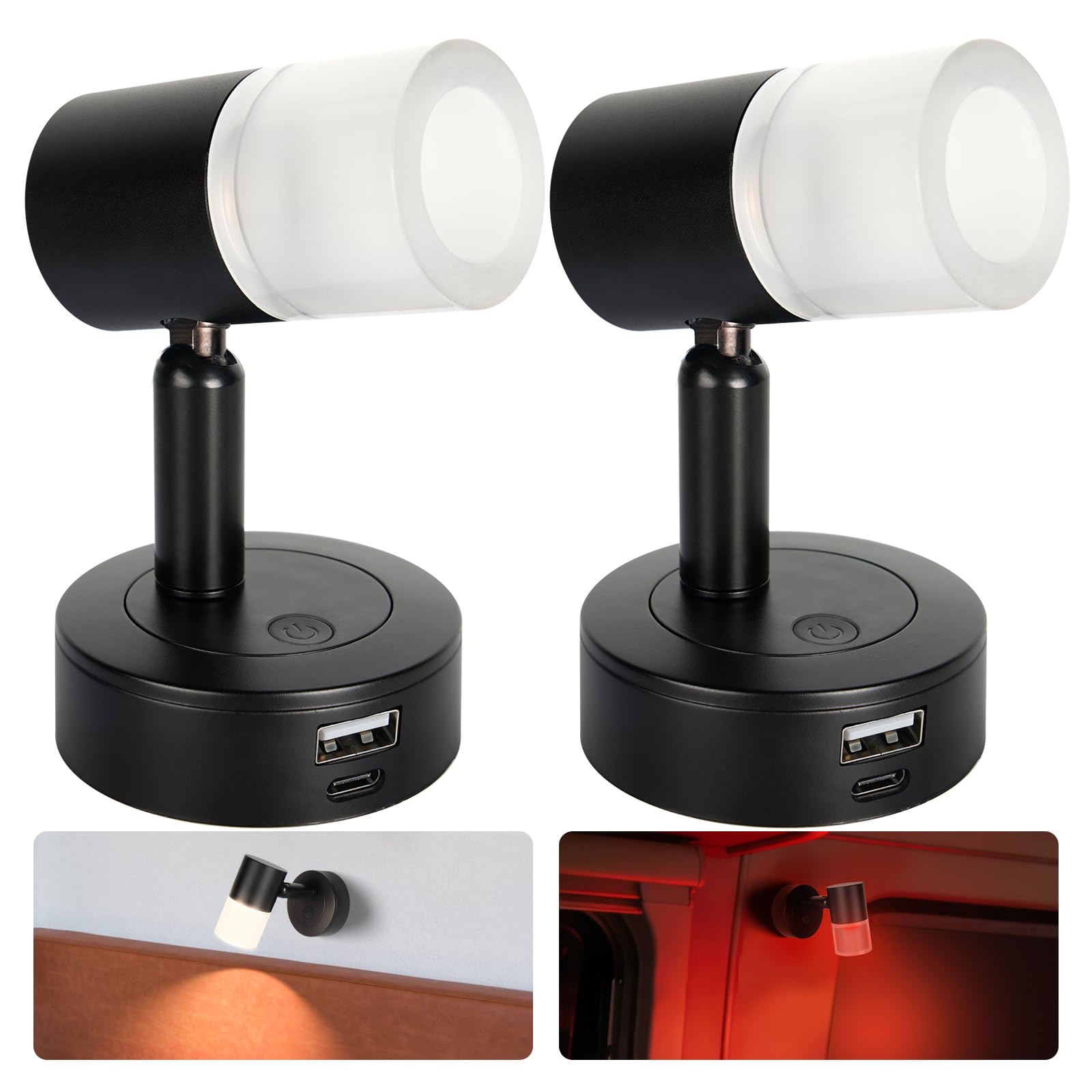 acegoo 12V Reading Light Campervan 3200K/Red Night Light Built-in USB-A 18W & USB C 20W Charger, Dimmable Swivel LED Wall Lamp Frosted Acrylic Lampshade for Caravan Boat Motorhome, Black 2pcs