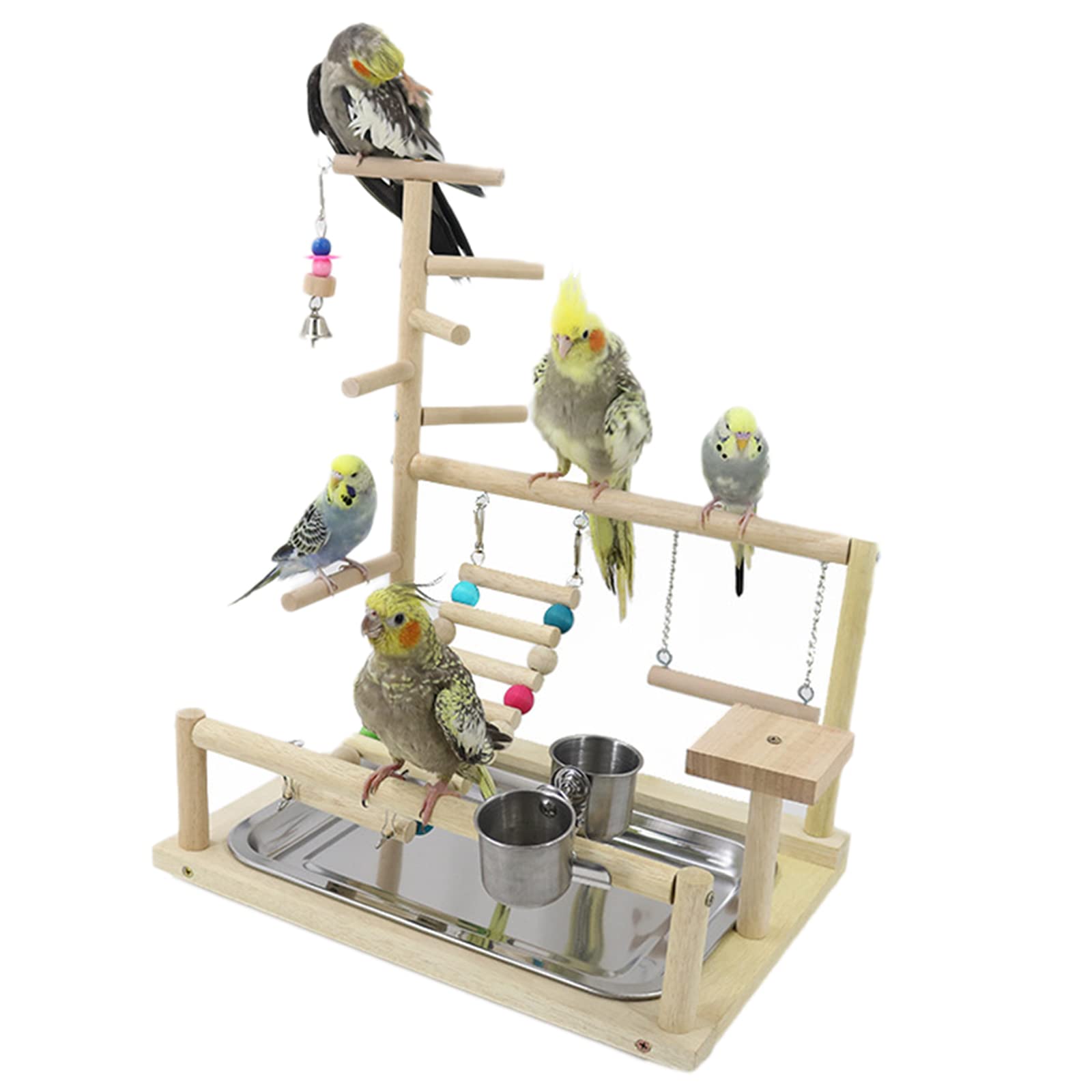 WishesMar Bird Playground Parrot Play Stand with Feeder Cup Swing Climb Ladder and Tray Budgie Playground Cage Exercise Gym Toys for Parakeets Cockatiel, Wooden, Size About 17.7x14.6x10.2 In #B