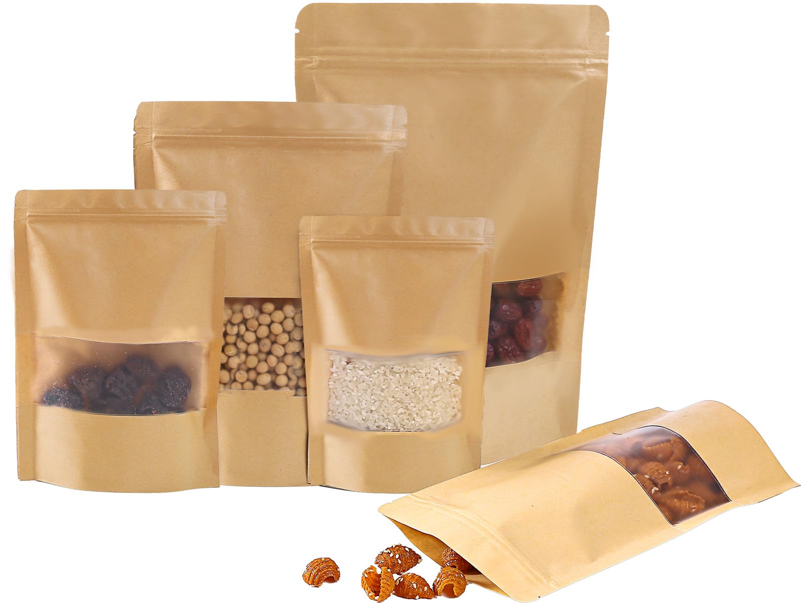 Photo 1 of 105 Pcs Windowed brown paper Bags?7 x 10 Inch Stand Up Pouches, Zip Lock Food Storage Bags? Reusable Sealing Pouches for Packaging Products(Brown) (7 * 10in)