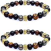 Triple Protection Bracelet for Bring Luck and Prosperity Hematite Black Obsidian Tiger Eye Stone Bracelets for Men Women, Beaded Buddha Healing Rope Uni Bracelet (2pcs)