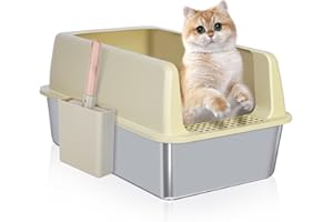 OSEVEN Enclosed Stainless Steel Cat Litter Box with Scroop&High Wall - Extra Large Metal Litter Box Stainless Steel for Big Cats,Non-Sticky, Anti-Leakage (Yellow Old)