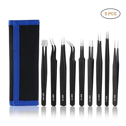 9 Pcs Tweezer Set Anti-Static Stainless Steel ESD Precise Tweezer Repair Tools with Tool Bag for Electronics, Jewelry Making, Industry