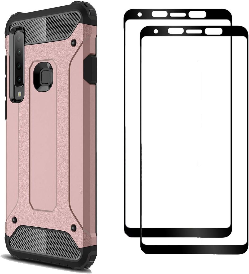 FANFO Case + 2 Pack Screen Protector Compatible with Samsung A9 2018, Detachable 2 in 1 Hybrid Armor Shockproof Tough Rugged Dual-Layer Case + 2 Pack 9H Hardness Tempered Glass Screen, Rose Gold