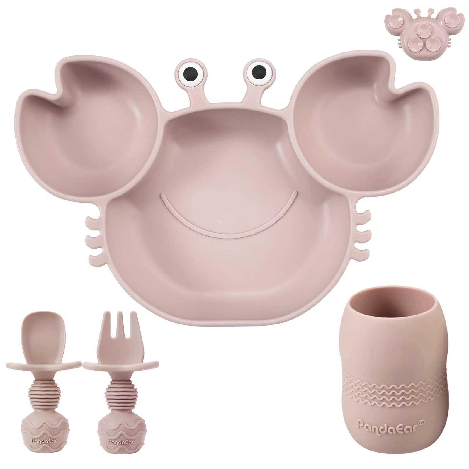PandaEar Silicone Baby Plate with Suction + Baby Sippy Cup + Baby Feeding Spoon Fork, Divided Kid Toddler Baby Suction Plate, Baby Feeding Items Led Weaning Set, Crab Pink