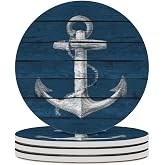 Hedyzone Anchor Wooden Coasters for Drinks, Set of 4, 4 Inch Absorbent Diatomite Ceramics Nautical Coasters with Cork Base, Tabletop Protection, Suitable for Dining Tables, Desks, Restaurants, Cafes