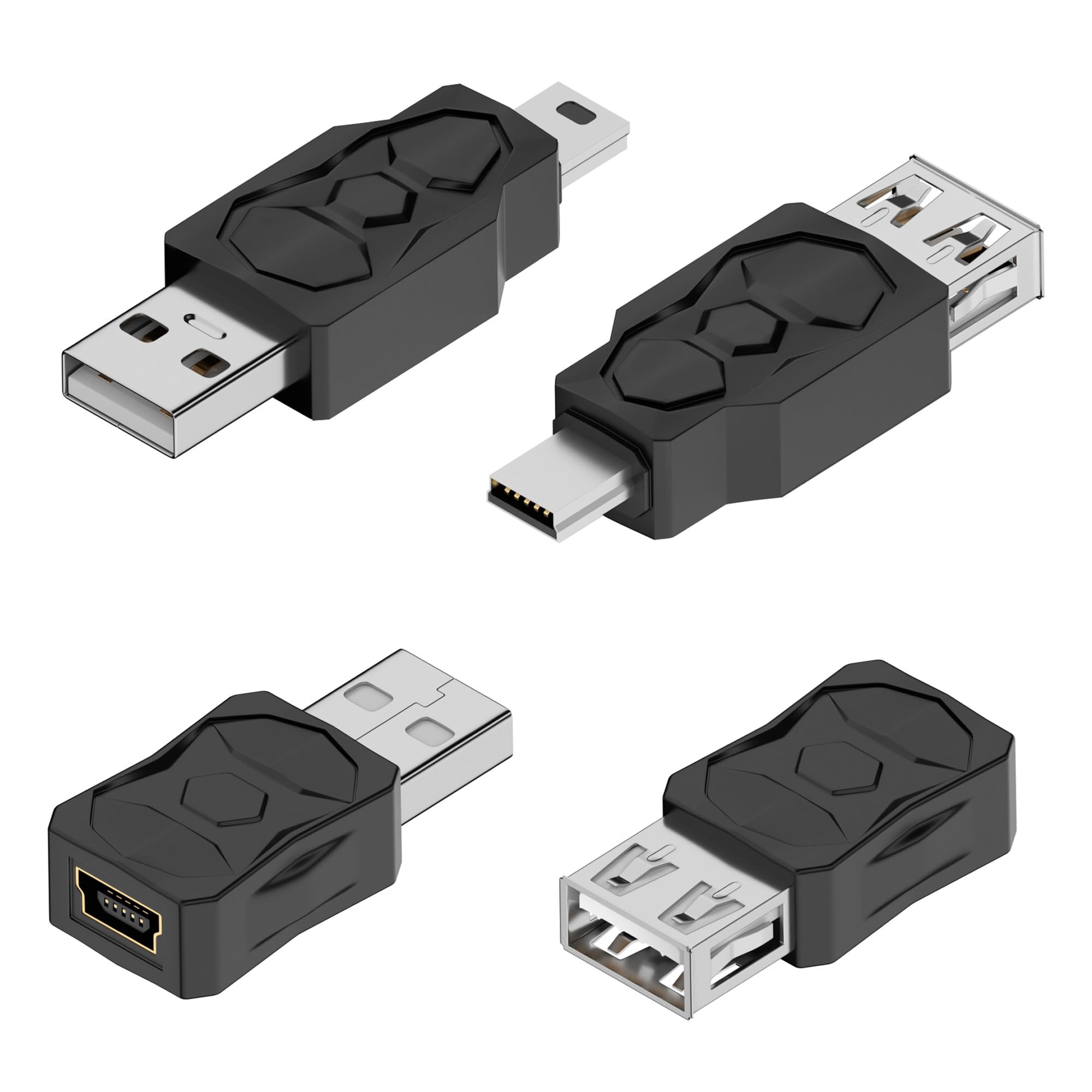 GELRHONR 4-Piece USB A Male to USB B Mini 5-Pin Female Adapter (Supports 5V/2A Charging & 480 Mbps Data Transfer for Phones, Cameras, Tablets & Music Players)