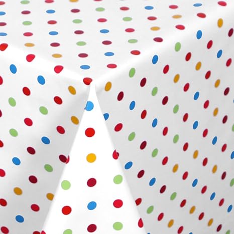 WACHSTUCH Tischdecken abwischbar Meterware, Größe wählbar, 100x140 cm, Glatt Punkte Bunt Weiss