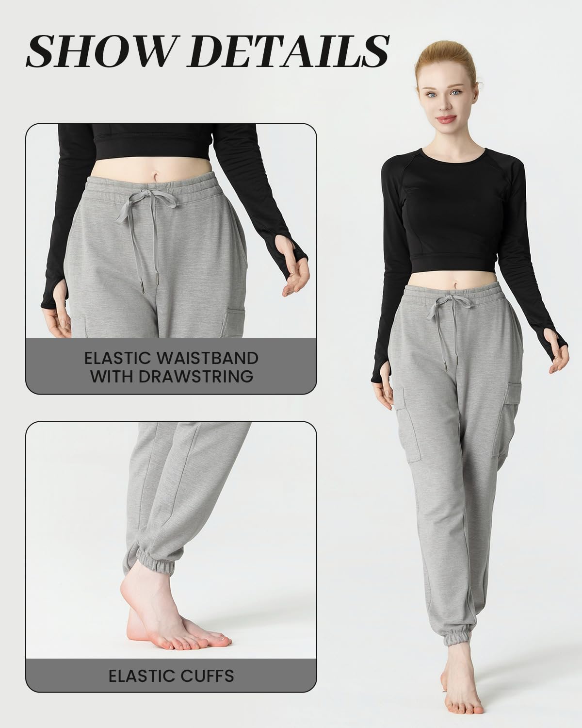 Condition photo showing New/Like New for women's fleece cargo joggers - multi-pockets, elastic drawstring waist, warm winter daily wear