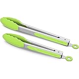 Premium Silicone Set of 2 Cooking Tongs, 9-Inch & 12-Inch BPA Free Non-Stick Stainless Steel BBQ Grilling Locking Food Tong, 