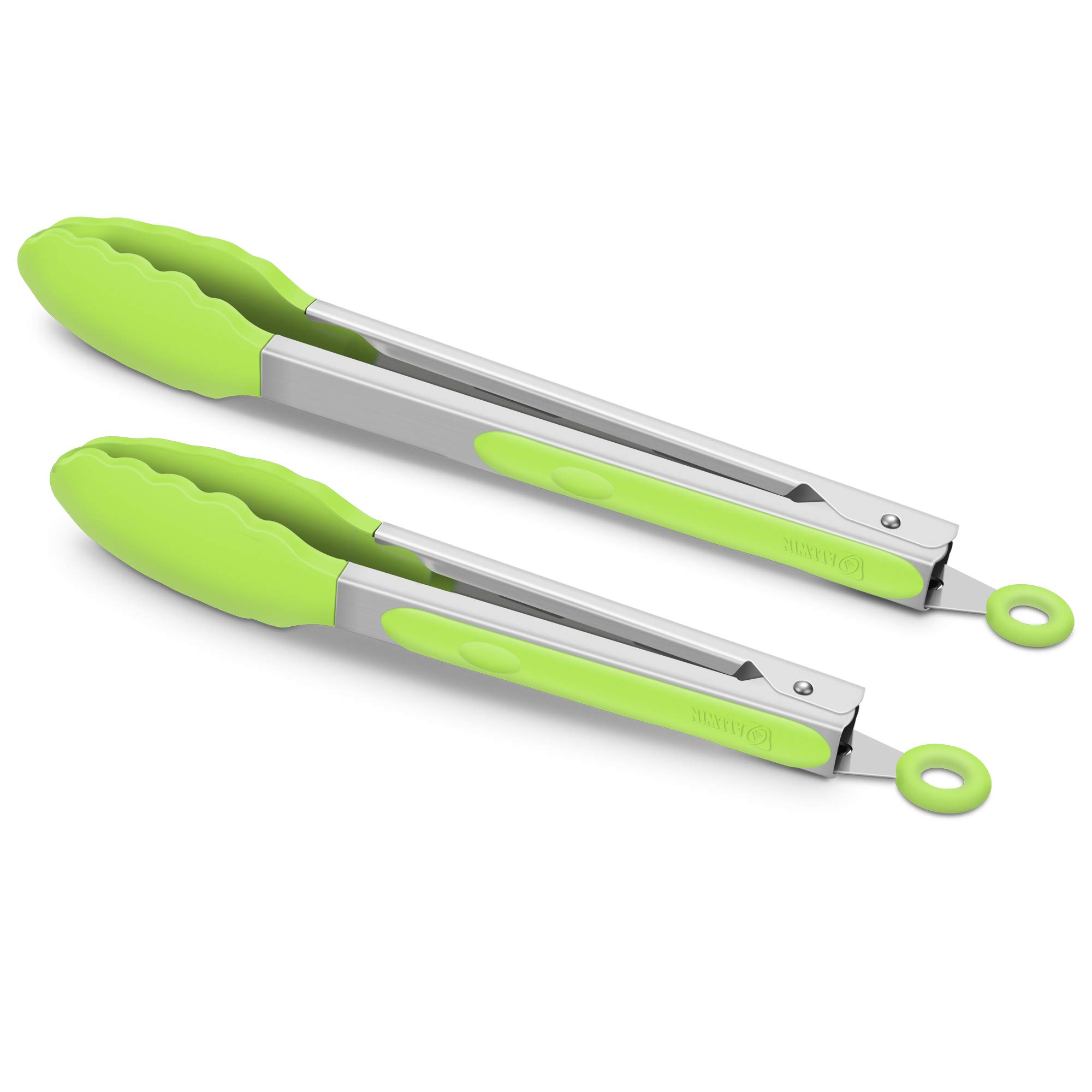 Premium Silicone Set of 2 Cooking Tongs, 9-Inch & 12-Inch BPA Free Non-Stick Stainless Steel BBQ Grilling Locking Food Tong, Light Green