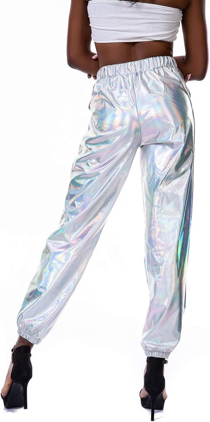 SIAEAMRG Womens Shiny Metallic High Waist Stretchy Jogger Pants, Wet Look Hip Hop Club Wear Holographic Trousers Sweatpant at  Women’s Clothing store